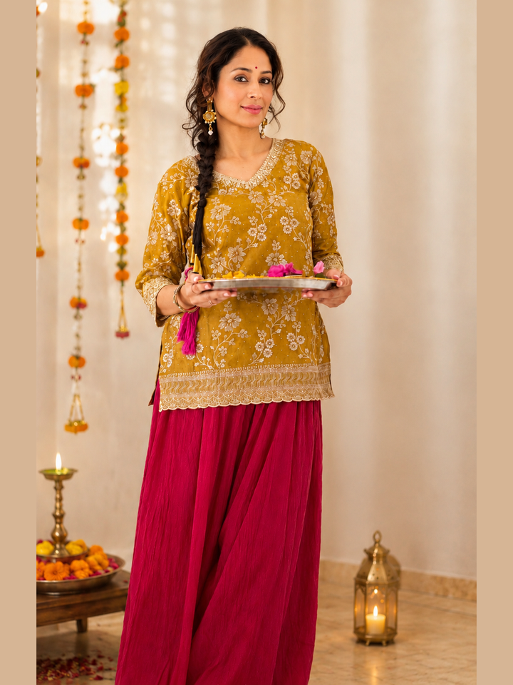 Mustard Floral Embroidered Silk Kurta Set