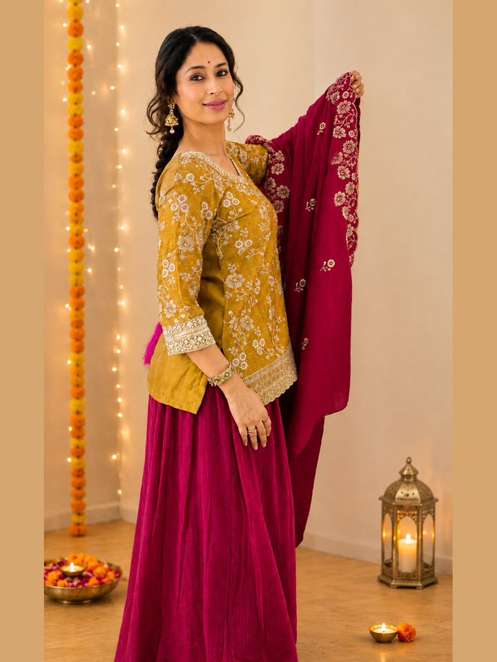 Mustard Floral Embroidered Silk Kurta Set