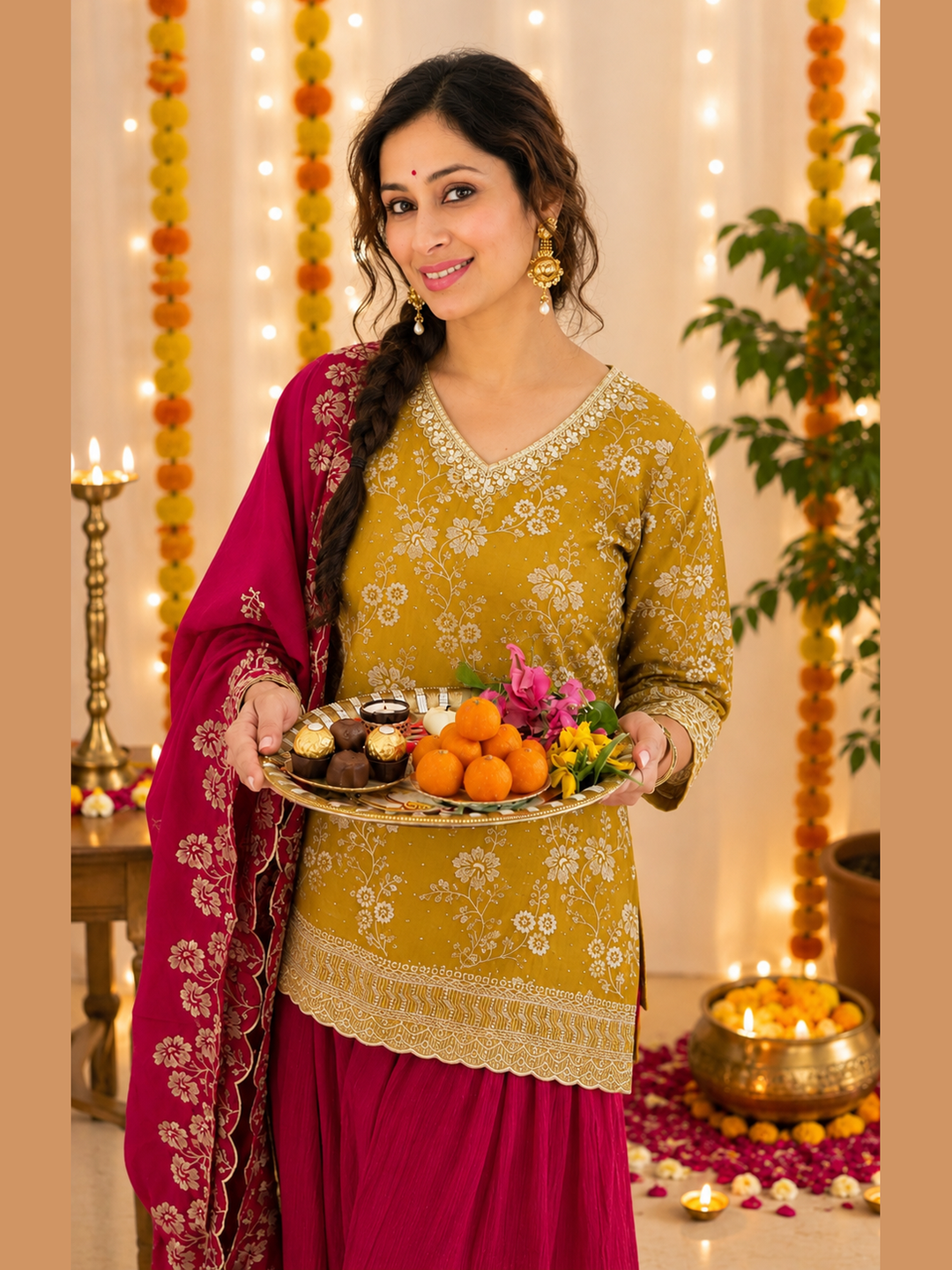 Mustard Floral Embroidered Silk Kurta Set