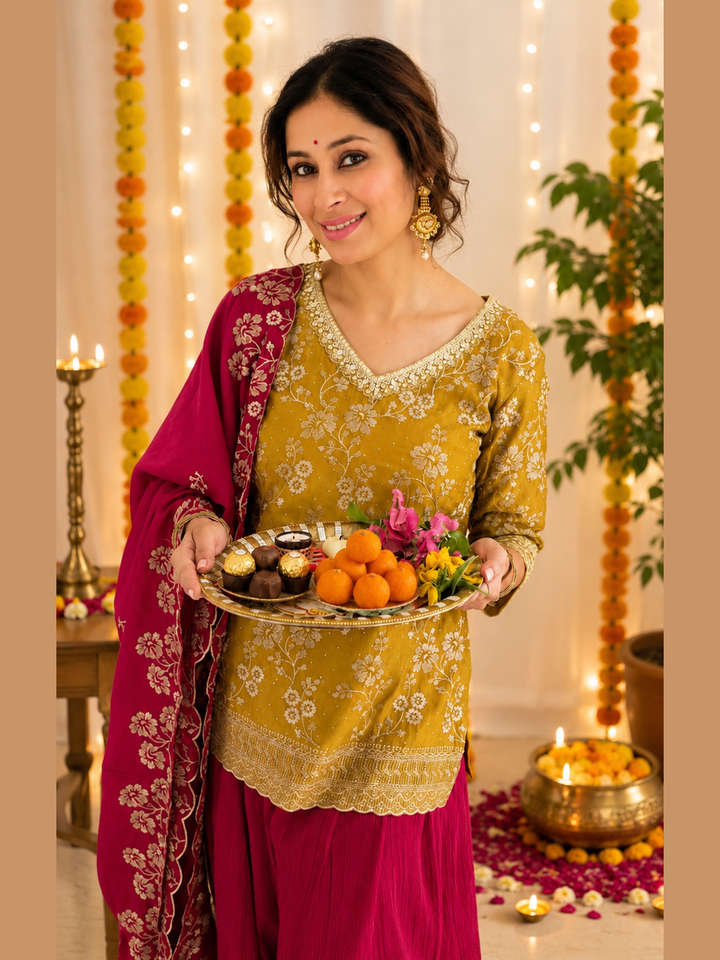 Mustard Floral Embroidered Silk Kurta Set
