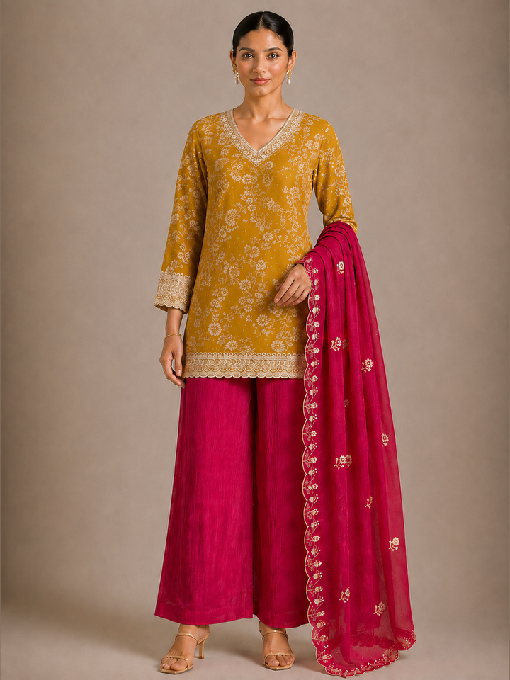 Mustard Floral Embroidered Silk Kurta Set
