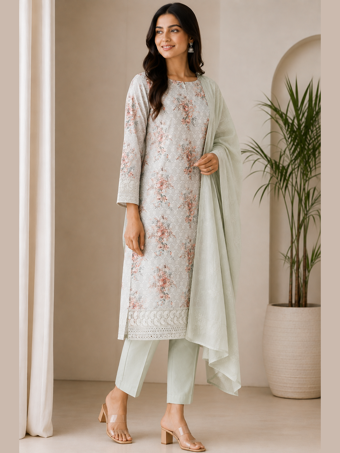 Modern Indian model wearing a mint floral printed kurta with embroidered lace hem, matching straight pants and embroidered dupatta.