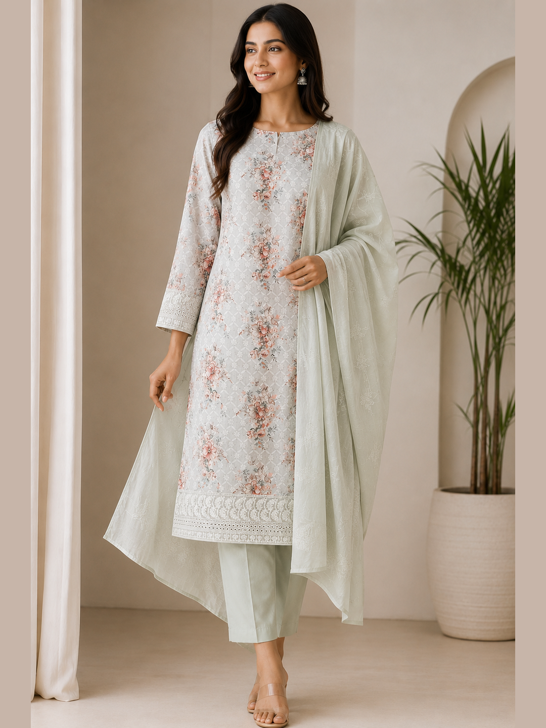 Modern Indian model wearing a mint floral printed kurta with embroidered lace hem, matching straight pants and embroidered dupatta.