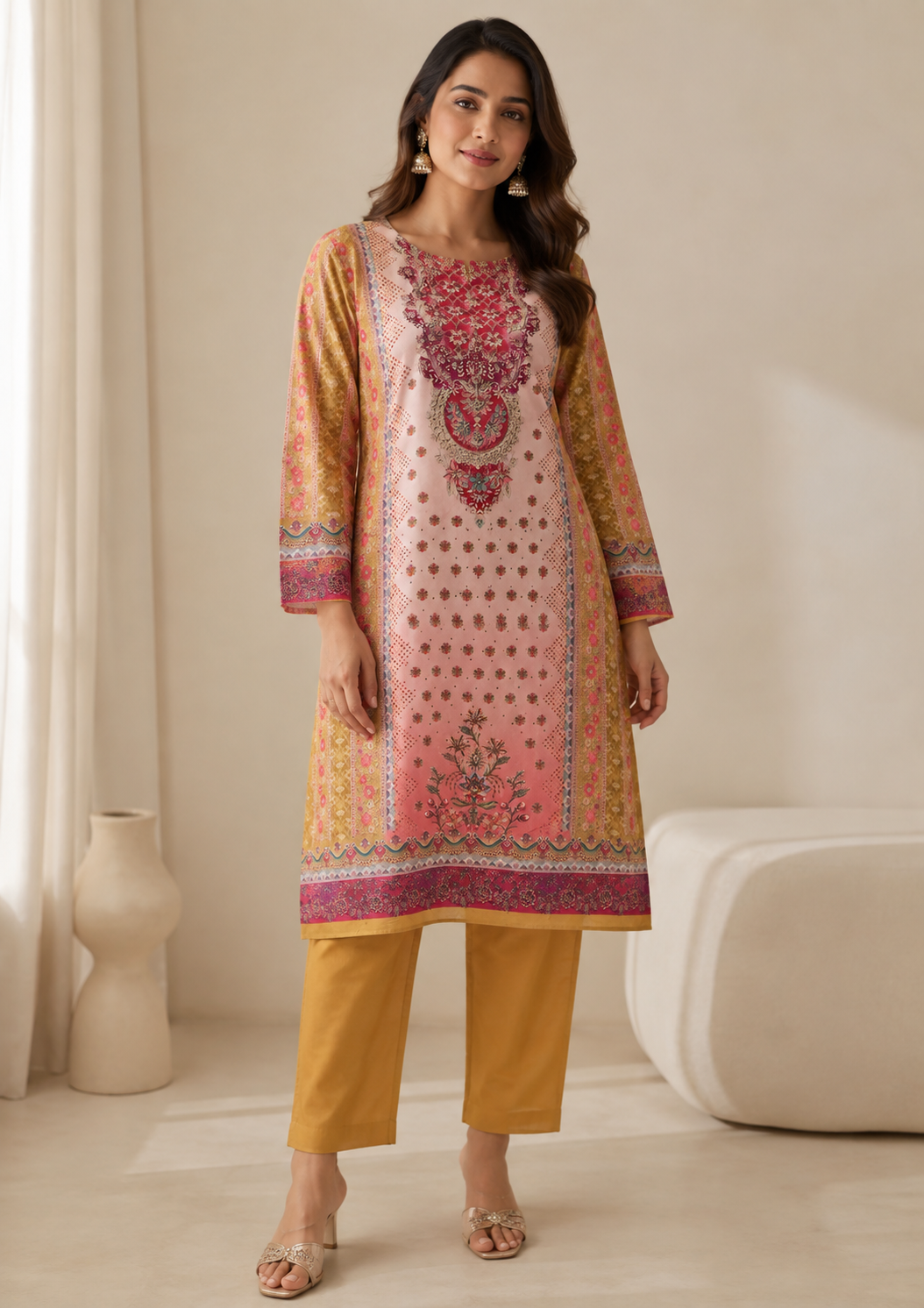 Baby Pink Muslin Floral Print With Zari Work