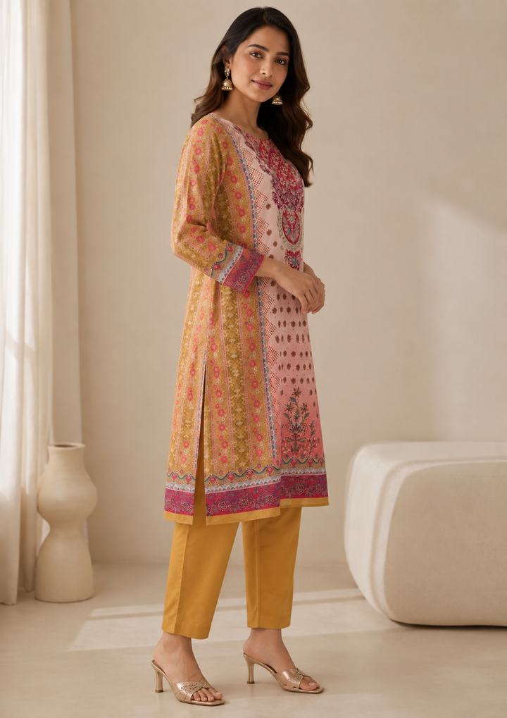 Baby Pink Muslin Floral Print With Zari Work