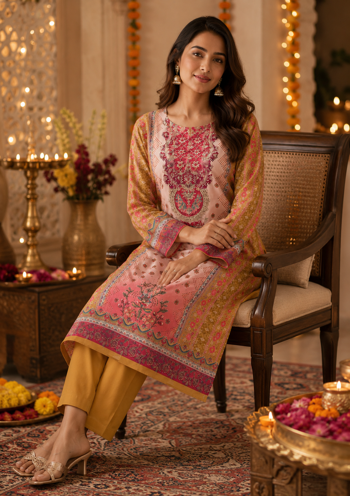 Baby Pink Muslin Floral Print With Zari Work