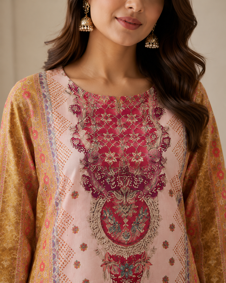 Baby Pink Muslin Floral Print With Zari Work