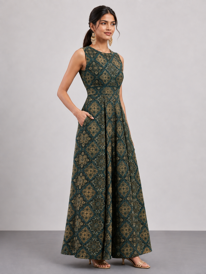 A stylish sleeveless jumpsuit crafted from premium Hydra muslin, featuring an elegant geometric print, soft texture, and a flowing drape for effortless sophistication and all-day comfort.