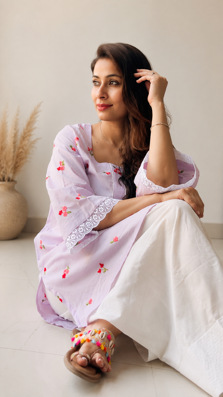 Woman wearing lilac floral embroidered kurta with white farshi salwar – Lush Layers