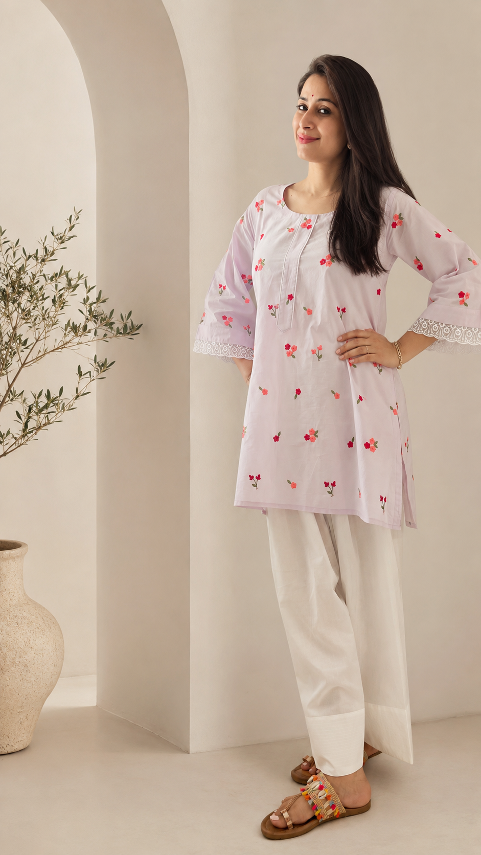 Woman wearing lilac floral embroidered kurta with white farshi salwar – Lush Layers