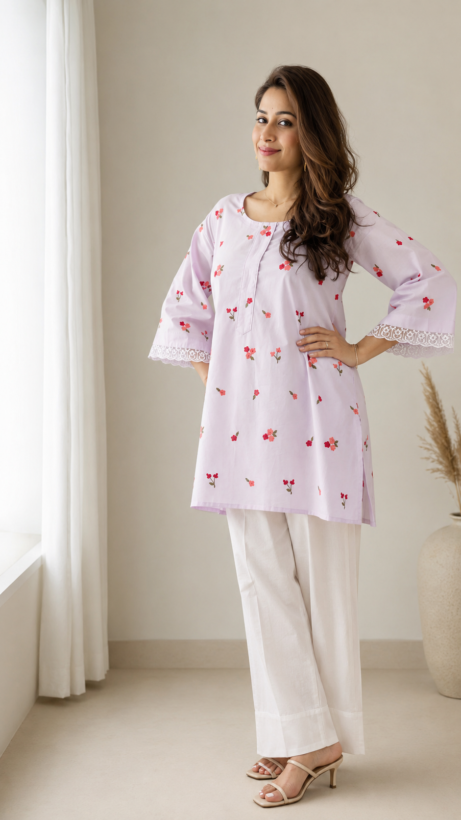 Woman wearing lilac floral embroidered kurta with white farshi salwar – Lush Layers
