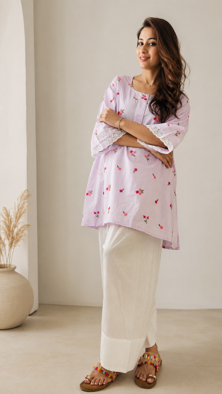 Woman wearing lilac floral embroidered kurta with white farshi salwar – Lush Layers