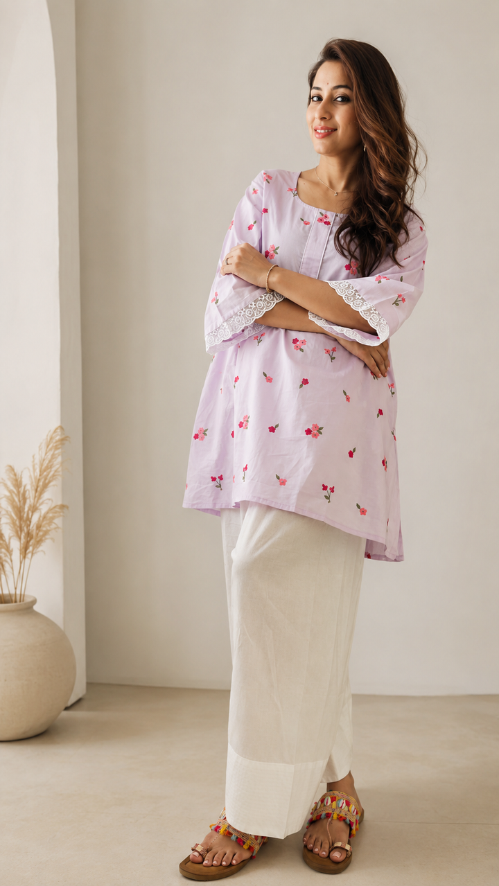Woman wearing lilac floral embroidered kurta with white farshi salwar – Lush Layers