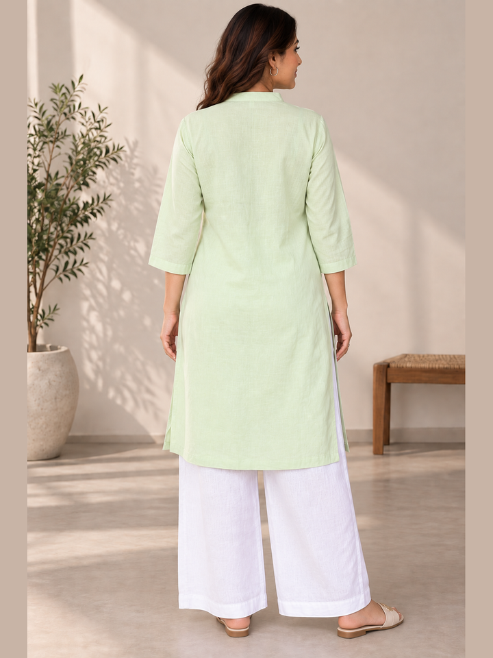 Shop the Mint Ease Cotton Linen Kurta by Lush Layers. A breathable mint green kurta with a relaxed fit, 3/4 sleeves and minimal detailing for work and everyday wear.