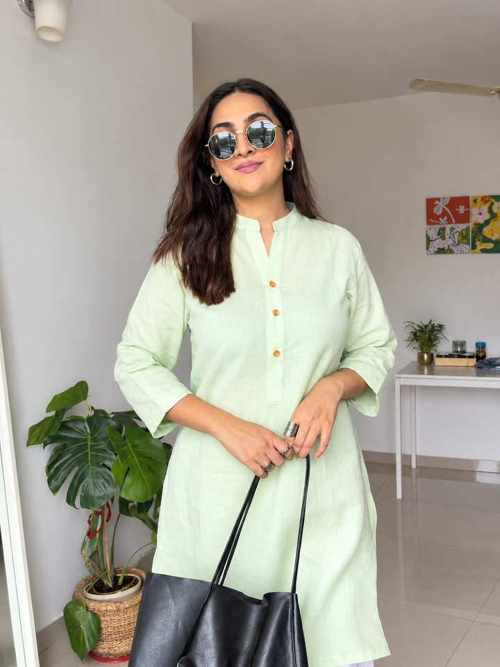 Shop the Mint Ease Cotton Linen Kurta by Lush Layers. A breathable mint green kurta with a relaxed fit, 3/4 sleeves and minimal detailing for work and everyday wear.