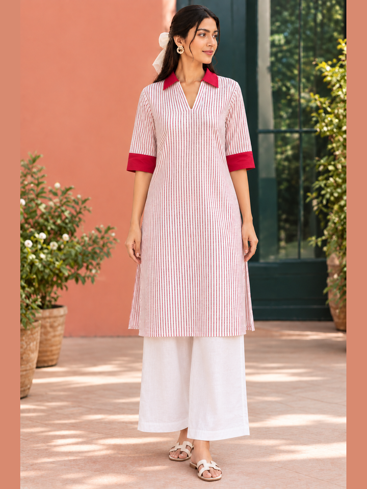 Shop the Red Stripe Handloom Cotton Kurti by Lush Layers, featuring fine vertical stripes, contrast red collar and cuffs, a relaxed fit and breathable everyday comfort.