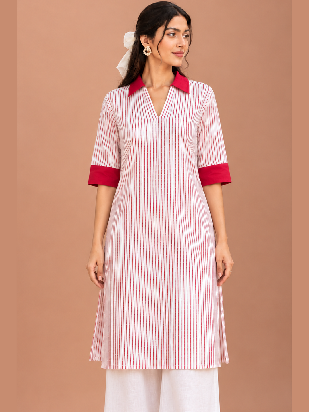 Shop the Red Stripe Handloom Cotton Kurti by Lush Layers, featuring fine vertical stripes, contrast red collar and cuffs, a relaxed fit and breathable everyday comfort.
