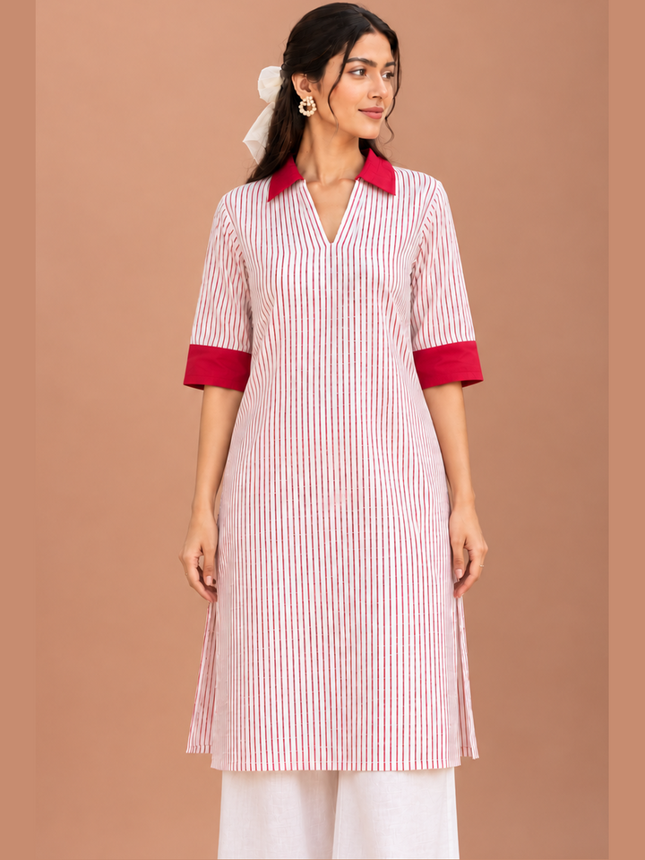 Shop the Red Stripe Handloom Cotton Kurti by Lush Layers, featuring fine vertical stripes, contrast red collar and cuffs, a relaxed fit and breathable everyday comfort.