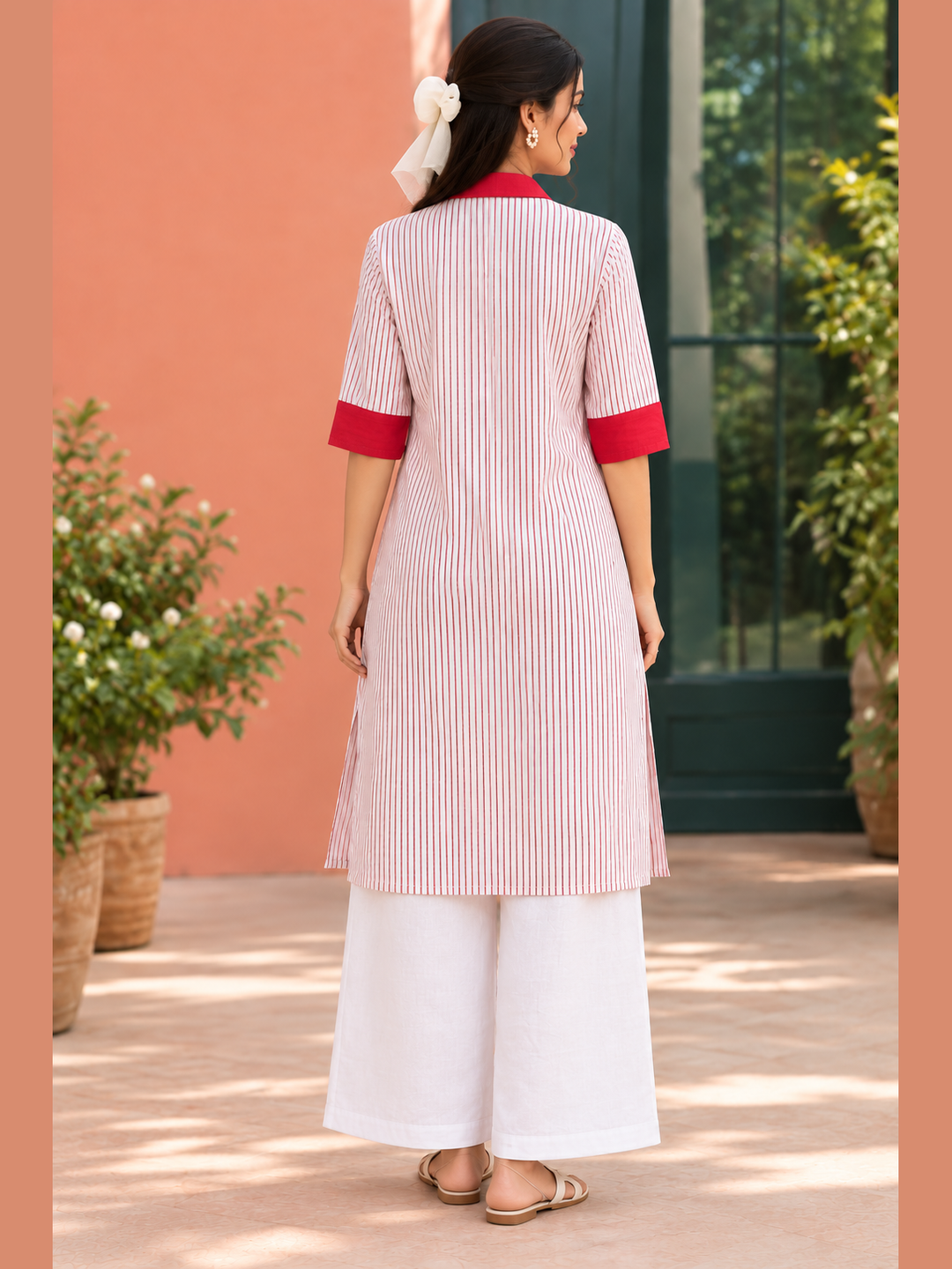 Shop the Red Stripe Handloom Cotton Kurti by Lush Layers, featuring fine vertical stripes, contrast red collar and cuffs, a relaxed fit and breathable everyday comfort.