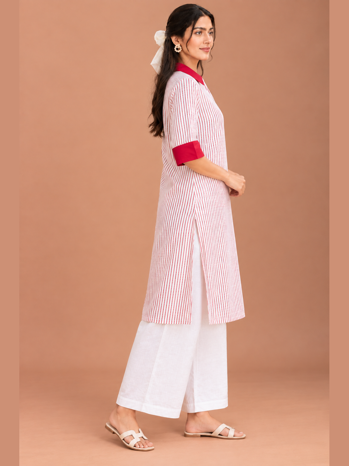 Shop the Red Stripe Handloom Cotton Kurti by Lush Layers, featuring fine vertical stripes, contrast red collar and cuffs, a relaxed fit and breathable everyday comfort.