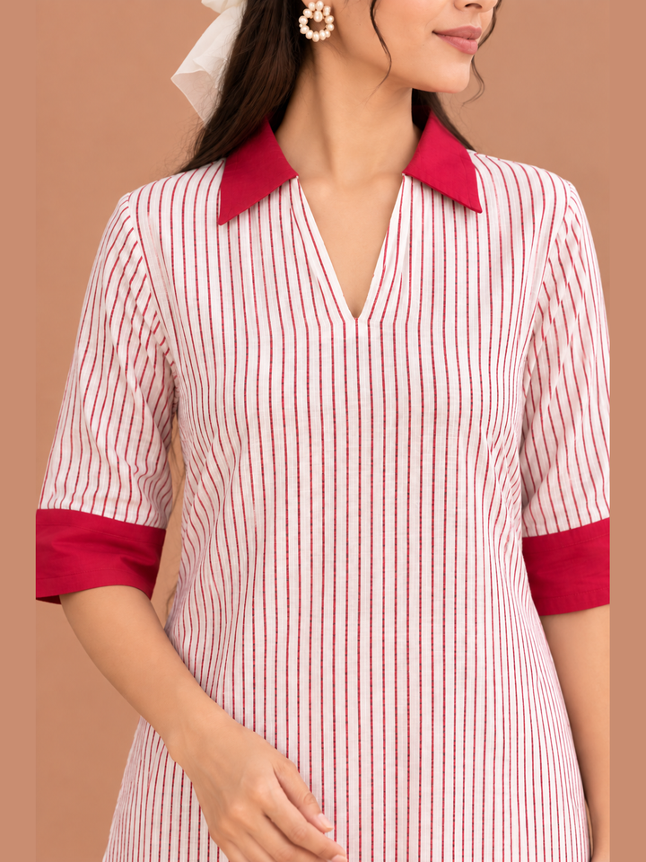 Shop the Red Stripe Handloom Cotton Kurti by Lush Layers, featuring fine vertical stripes, contrast red collar and cuffs, a relaxed fit and breathable everyday comfort.