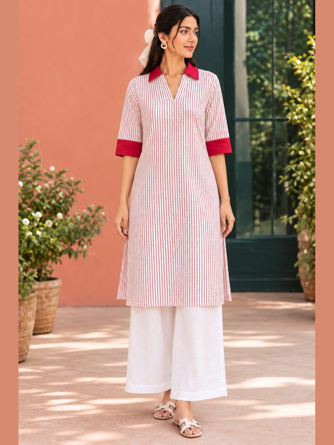 Shop the Red Stripe Handloom Cotton Kurti by Lush Layers, featuring fine vertical stripes, contrast red collar and cuffs, a relaxed fit and breathable everyday comfort.