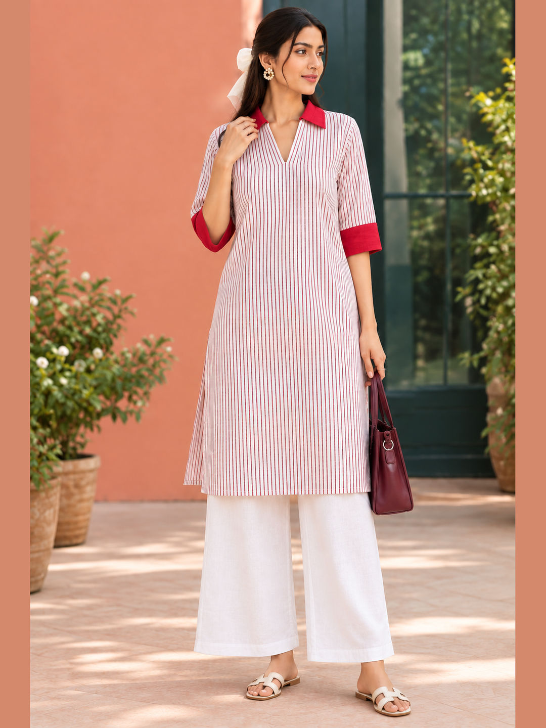 Shop the Red Stripe Handloom Cotton Kurti by Lush Layers, featuring fine vertical stripes, contrast red collar and cuffs, a relaxed fit and breathable everyday comfort.
