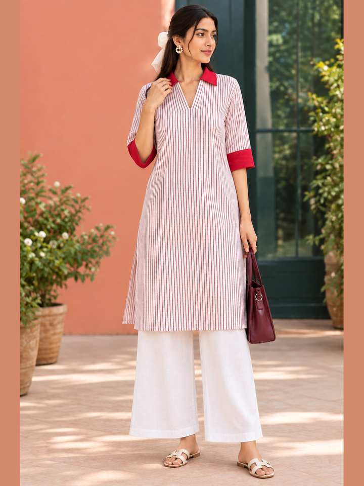 Shop the Red Stripe Handloom Cotton Kurti by Lush Layers, featuring fine vertical stripes, contrast red collar and cuffs, a relaxed fit and breathable everyday comfort.