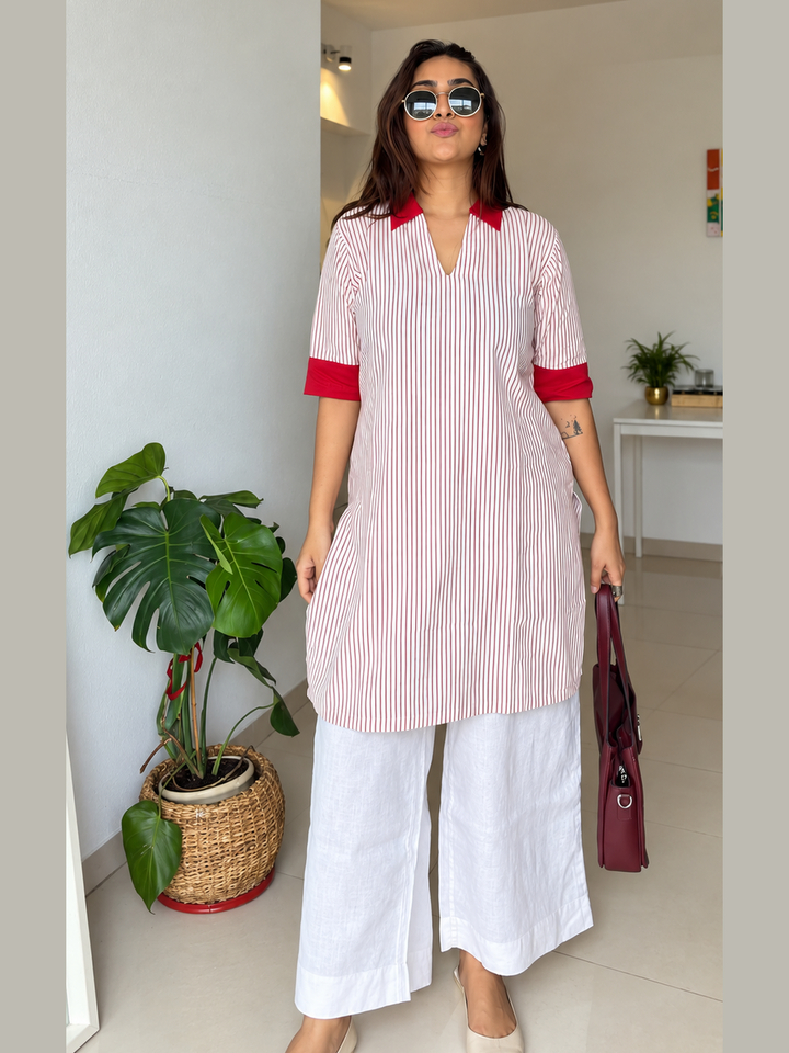 Shop the Red Stripe Handloom Cotton Kurti by Lush Layers, featuring fine vertical stripes, contrast red collar and cuffs, a relaxed fit and breathable everyday comfort.