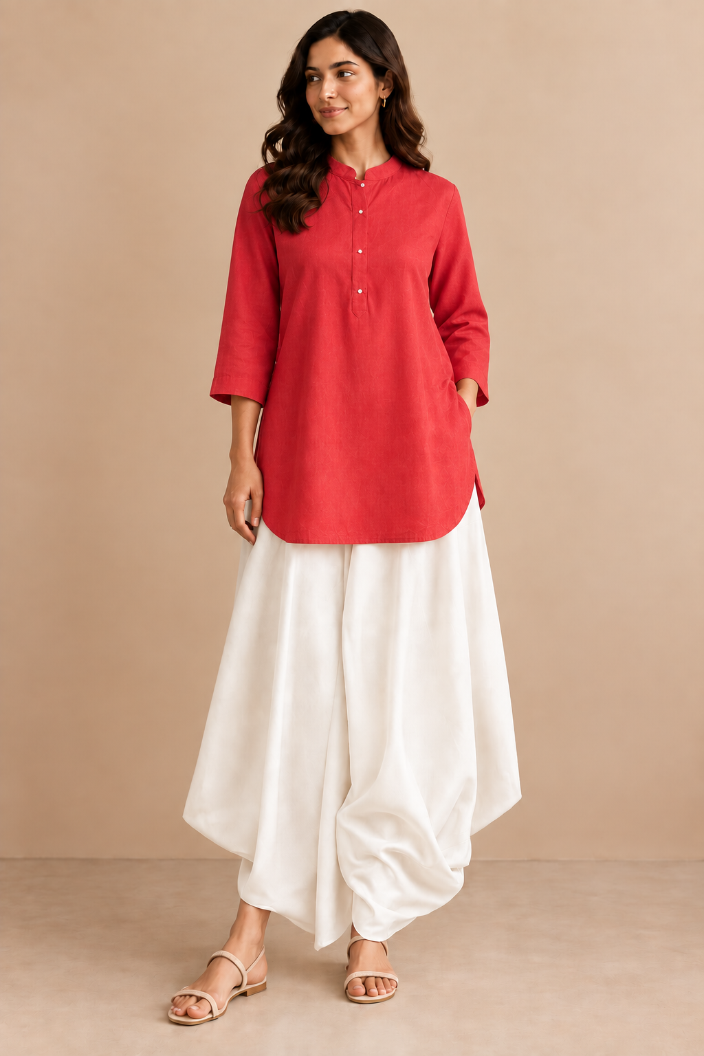 Shop ivory rayon cowl pants for women by Lush Layers. A soft, fluid draped silhouette designed for comfortable and contemporary Indo-western styling.