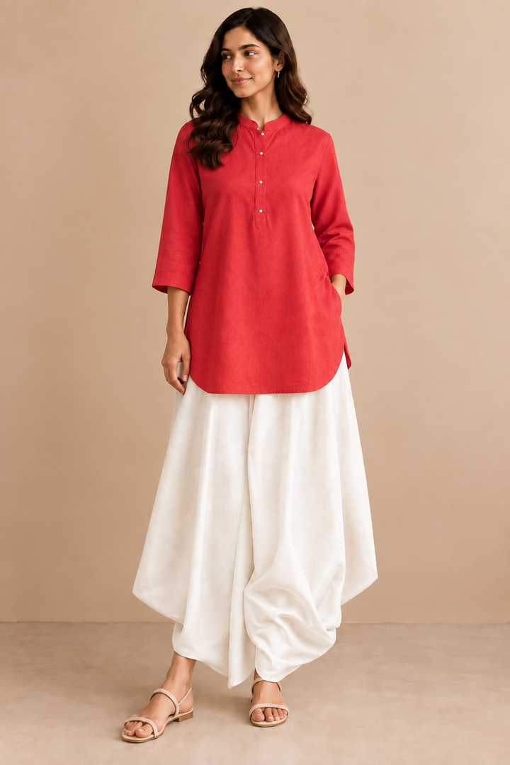 Shop ivory rayon cowl pants for women by Lush Layers. A soft, fluid draped silhouette designed for comfortable and contemporary Indo-western styling.