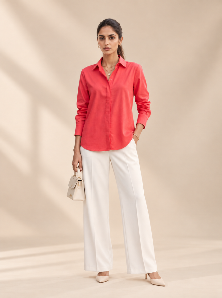 Shop the Coral Ease women’s shirt by Lush Layers, crafted in premium-quality cotton with a relaxed fit and classic collar. An elegant choice for work and everyday wear.
Breathable cotton. Relaxed tailoring. Effortless colour.
A versatile coral cotton shirt designed to take you comfortably from workdays to weekends.