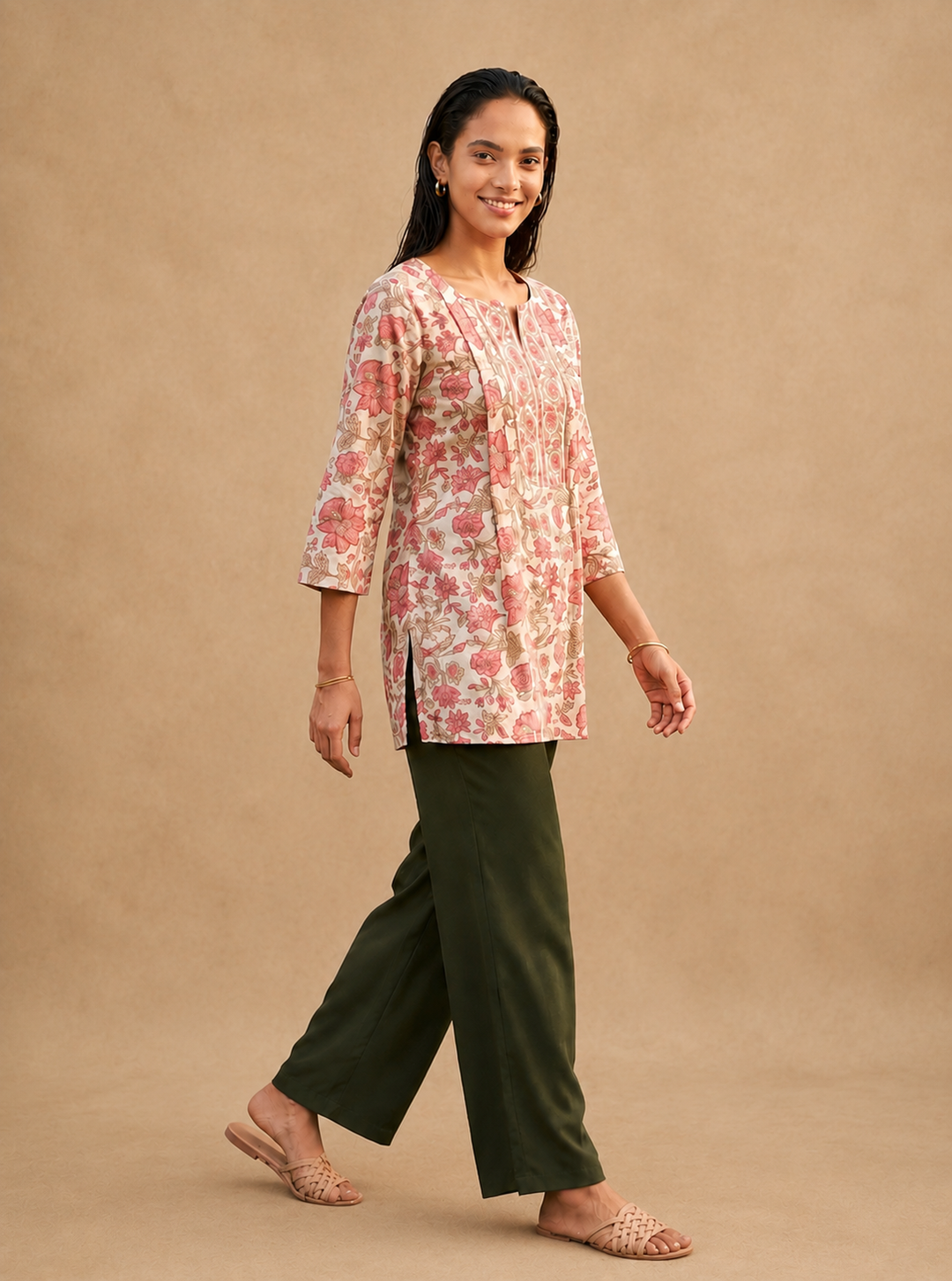Shop the Safa Blush Floral Cotton Kurti by Lush Layers. A breathable everyday cotton kurti with delicate floral prints and an elegant detailed neckline, perfect for work and casual wear.