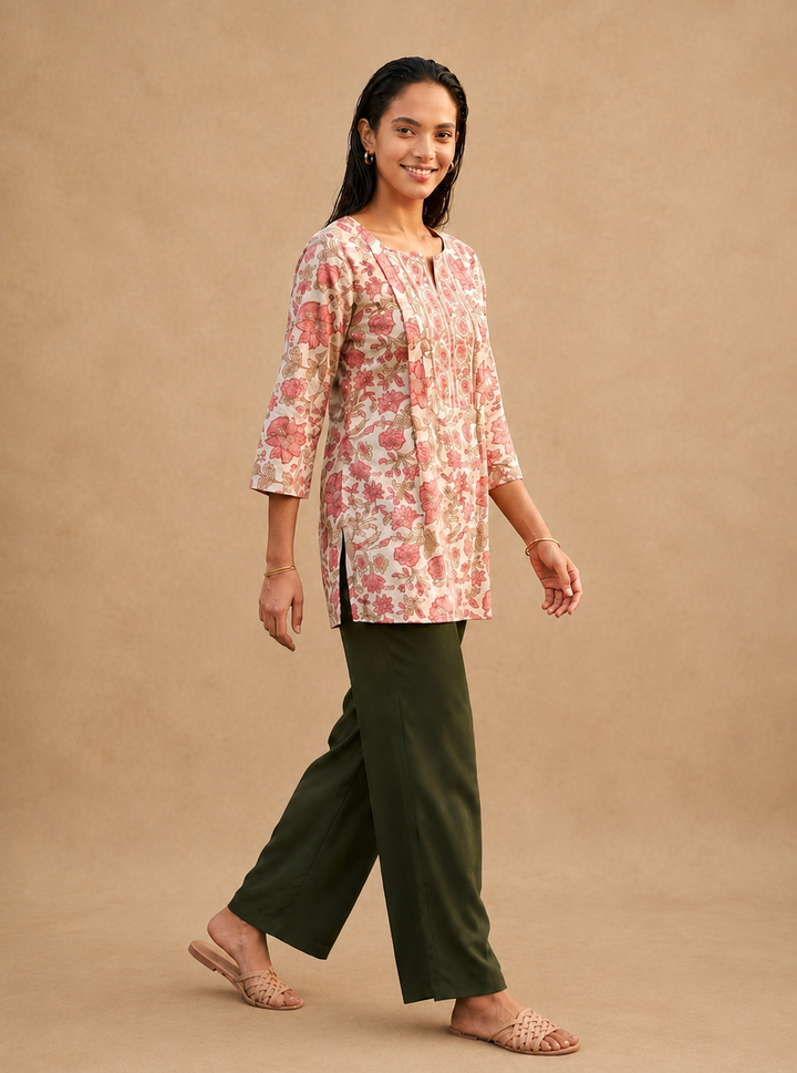 Shop the Safa Blush Floral Cotton Kurti by Lush Layers. A breathable everyday cotton kurti with delicate floral prints and an elegant detailed neckline, perfect for work and casual wear.