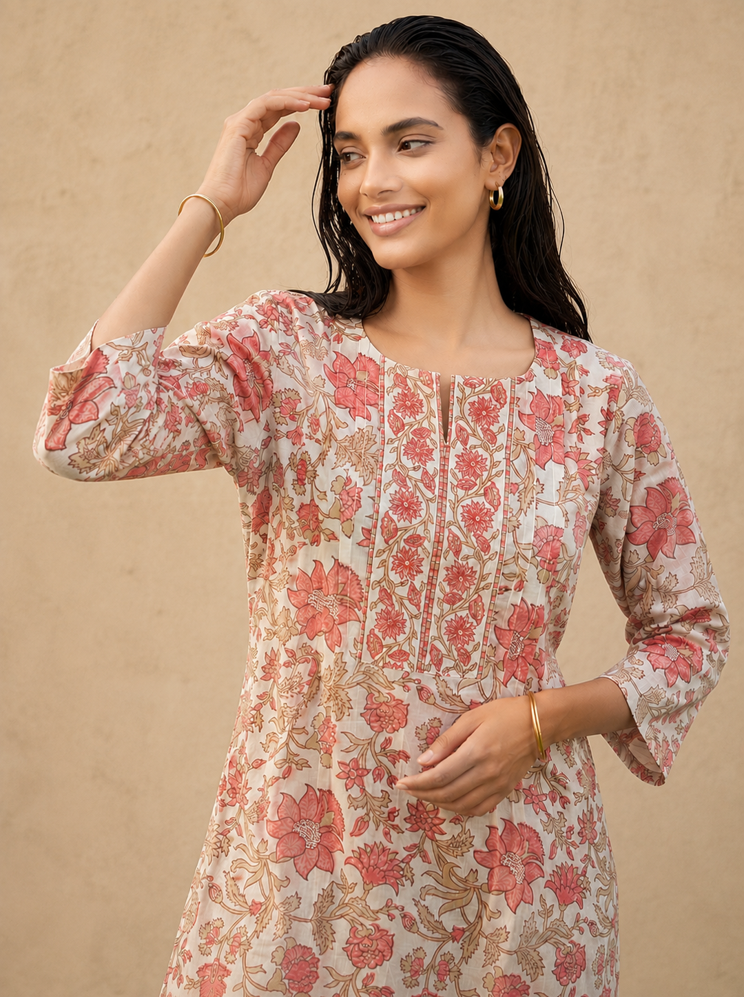 Shop the Safa Blush Floral Cotton Kurti by Lush Layers. A breathable everyday cotton kurti with delicate floral prints and an elegant detailed neckline, perfect for work and casual wear.