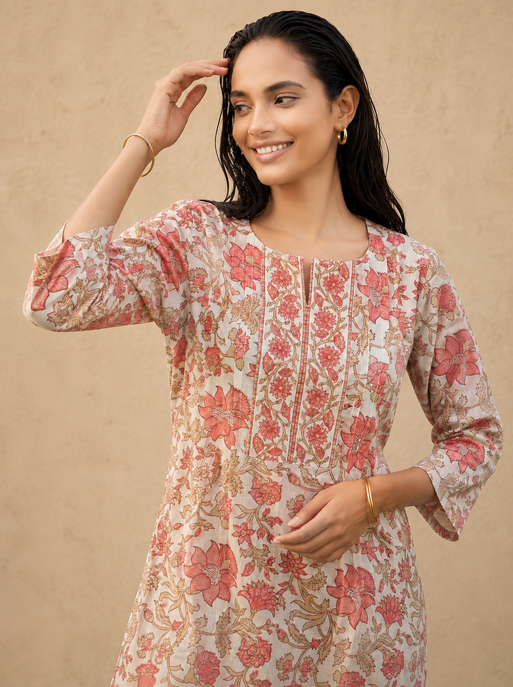 Shop the Safa Blush Floral Cotton Kurti by Lush Layers. A breathable everyday cotton kurti with delicate floral prints and an elegant detailed neckline, perfect for work and casual wear.