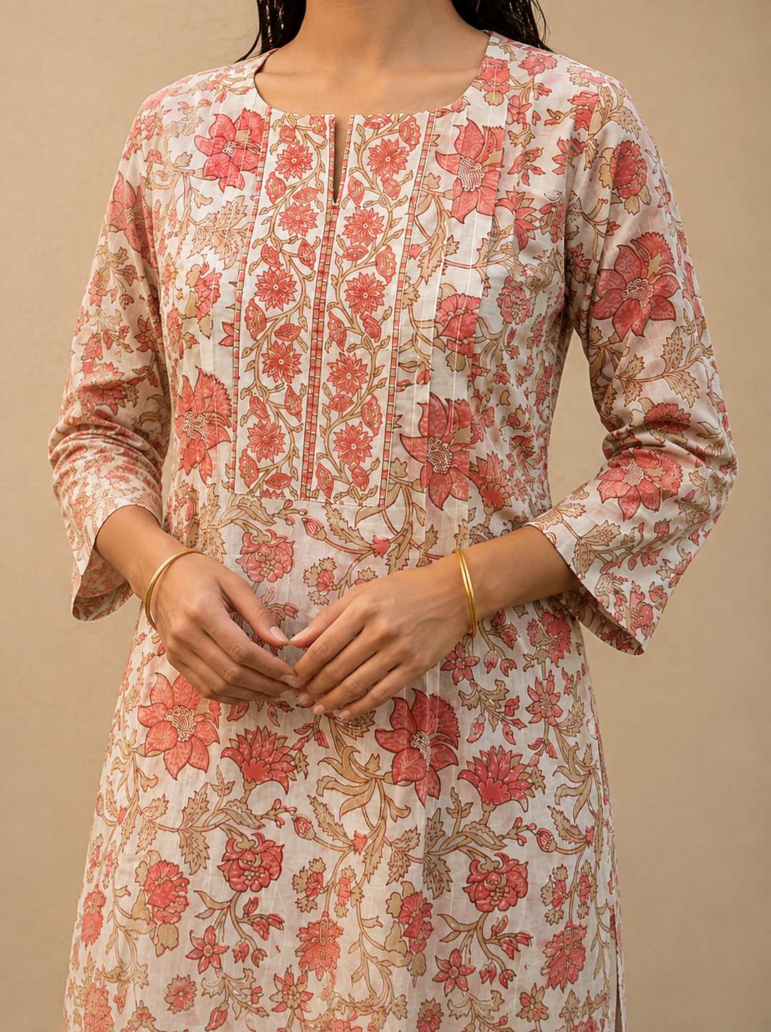 Shop the Safa Blush Floral Cotton Kurti by Lush Layers. A breathable everyday cotton kurti with delicate floral prints and an elegant detailed neckline, perfect for work and casual wear.