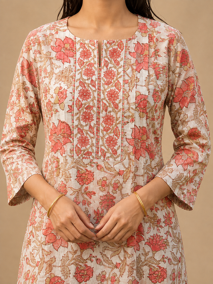 Shop the Safa Blush Floral Cotton Kurti by Lush Layers. A breathable everyday cotton kurti with delicate floral prints and an elegant detailed neckline, perfect for work and casual wear.