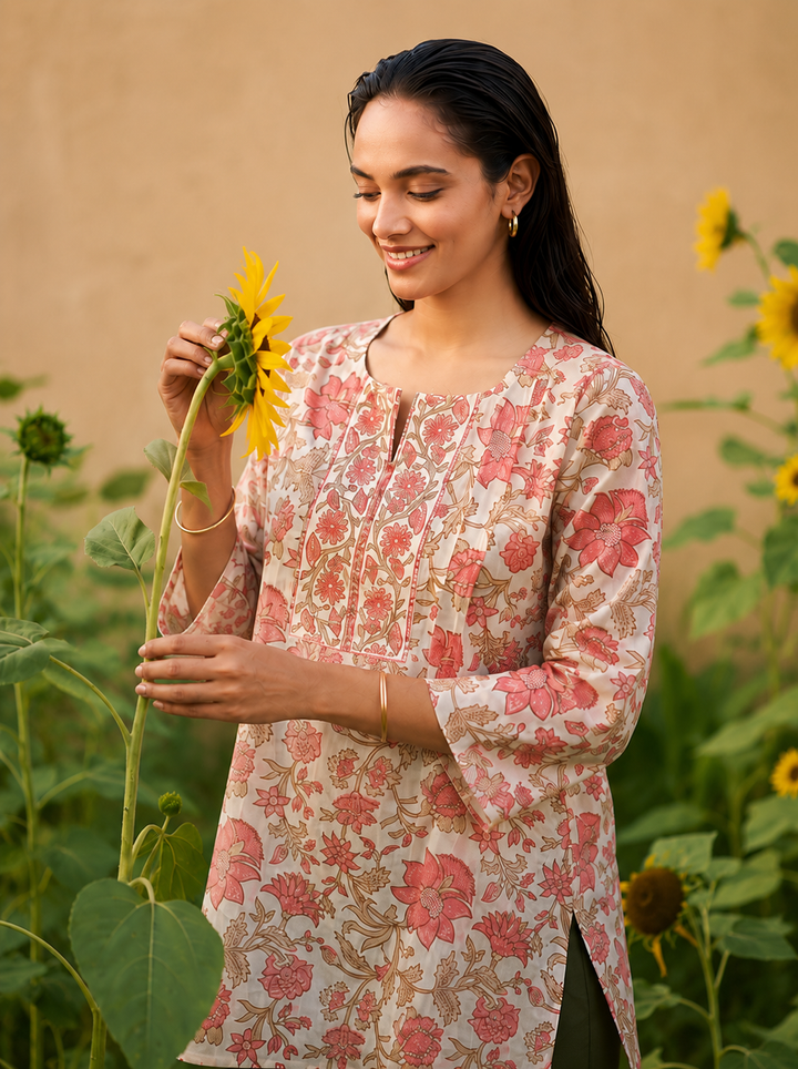 Shop the Safa Blush Floral Cotton Kurti by Lush Layers. A breathable everyday cotton kurti with delicate floral prints and an elegant detailed neckline, perfect for work and casual wear.