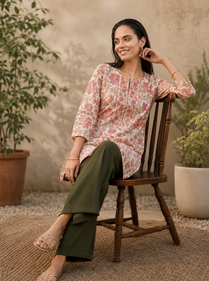 Shop the Safa Blush Floral Cotton Kurti by Lush Layers. A breathable everyday cotton kurti with delicate floral prints and an elegant detailed neckline, perfect for work and casual wear.