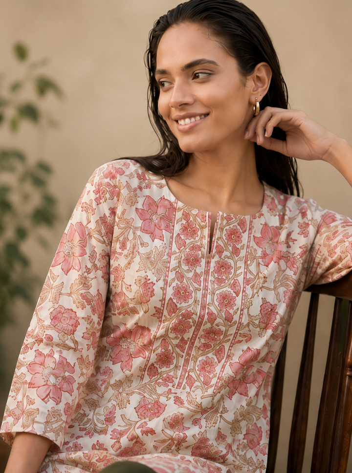 Shop the Safa Blush Floral Cotton Kurti by Lush Layers. A breathable everyday cotton kurti with delicate floral prints and an elegant detailed neckline, perfect for work and casual wear.