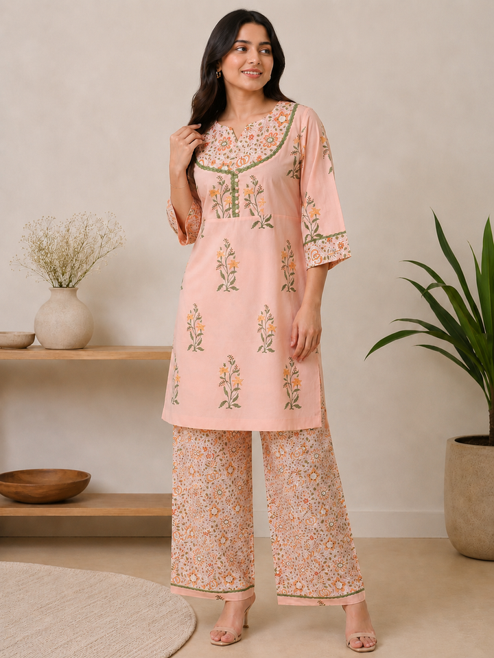 Peach Cotton Floral Printed Kurta Set