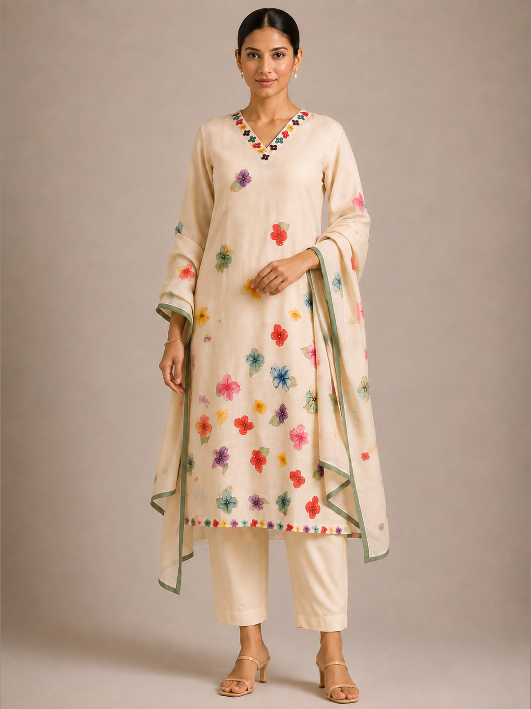 Shop this elegant beige linen festive set featuring floral motifs, delicate handwork, sequins, a V-neck kurta, coordinated bottoms and dupatta. A refined 3-piece ensemble for celebrations.