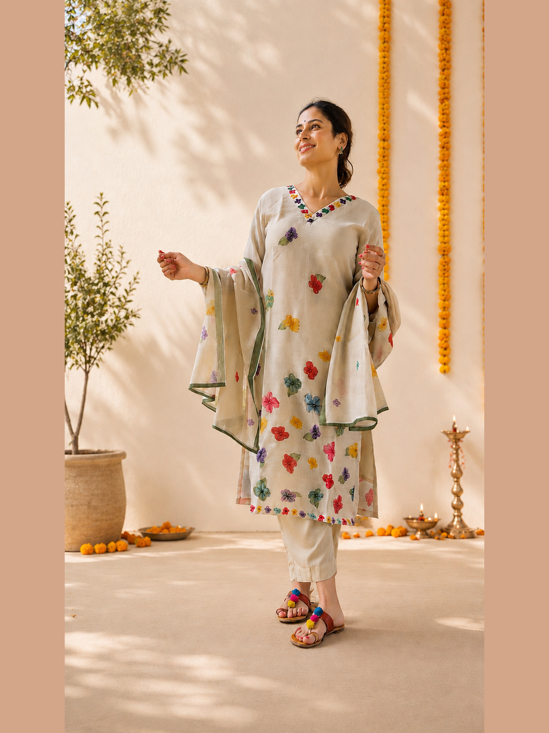 Shop this elegant beige linen festive set featuring floral motifs, delicate handwork, sequins, a V-neck kurta, coordinated bottoms and dupatta. A refined 3-piece ensemble for celebrations.
