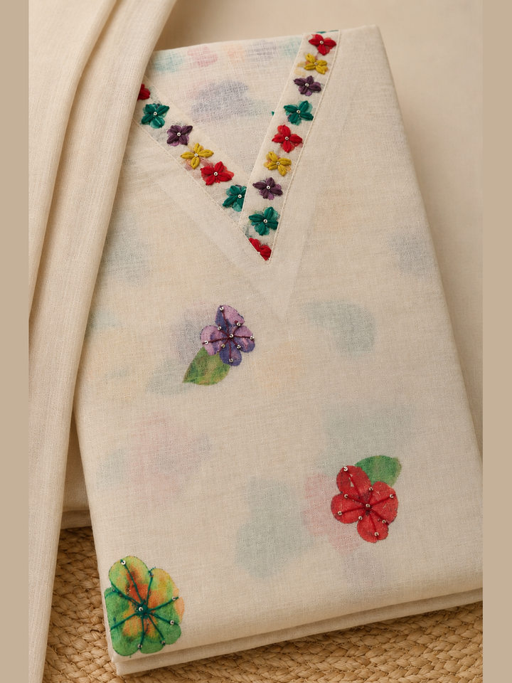 Beige Floral Handwork Linen Festive Set
