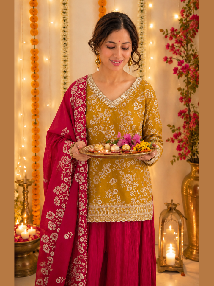 Mustard Floral Embroidered Silk Kurta Set