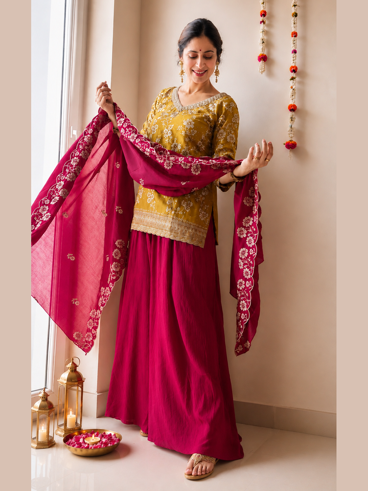 Mustard Floral Embroidered Silk Kurta Set