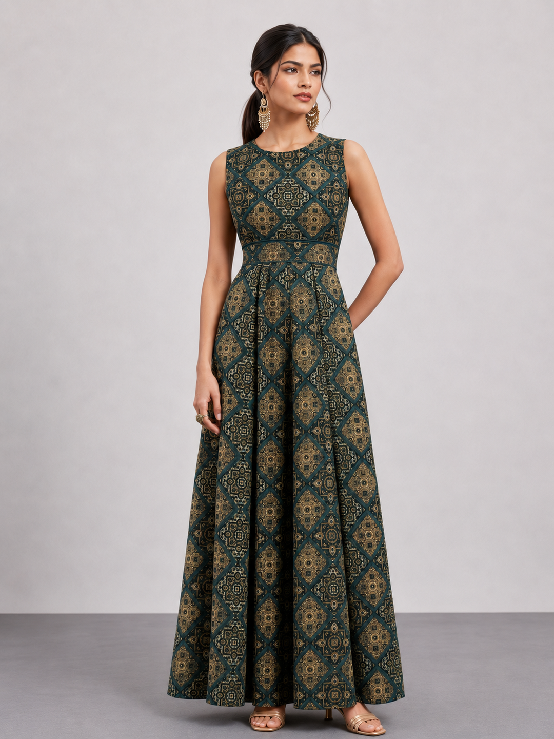A stylish sleeveless jumpsuit crafted from premium Hydra muslin, featuring an elegant geometric print, soft texture, and a flowing drape for effortless sophistication and all-day comfort.
