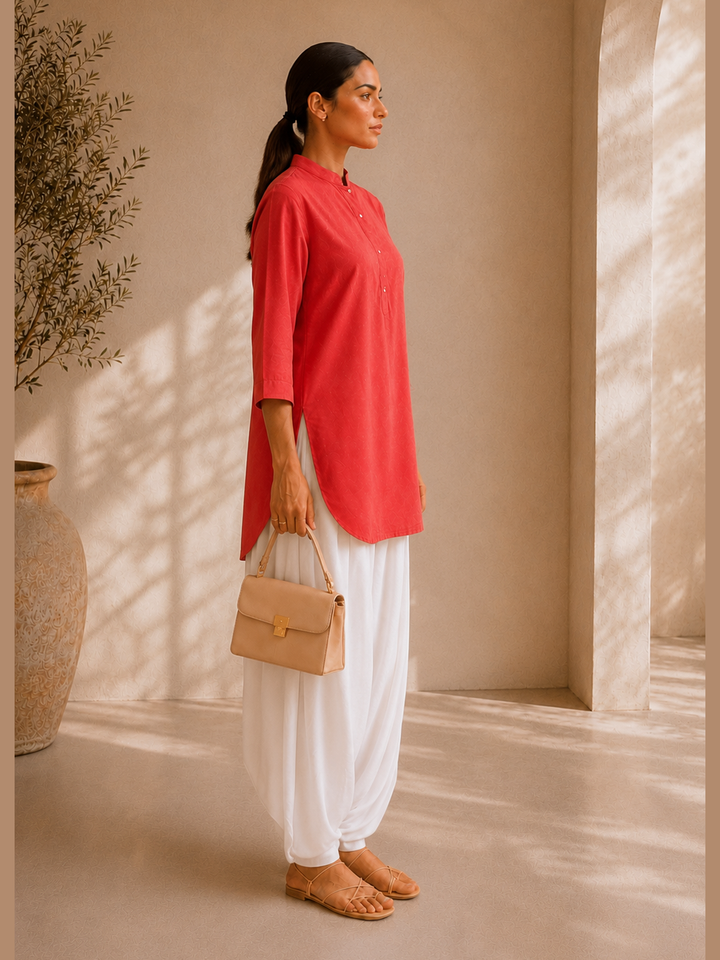 Coral Red Cotton Viscose Long Shirt