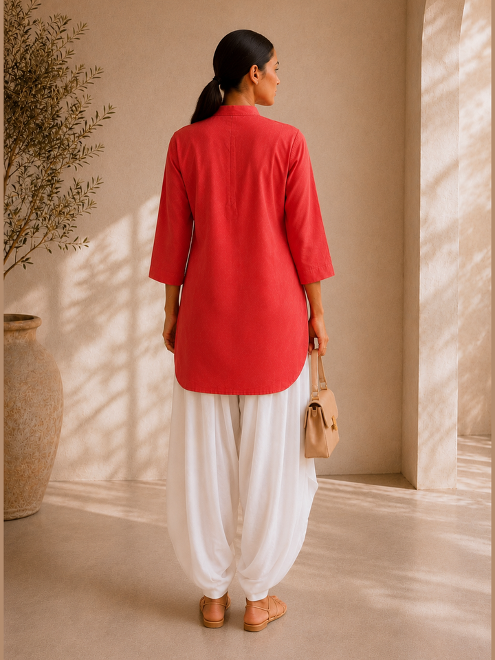Coral Red Cotton Viscose Long Shirt